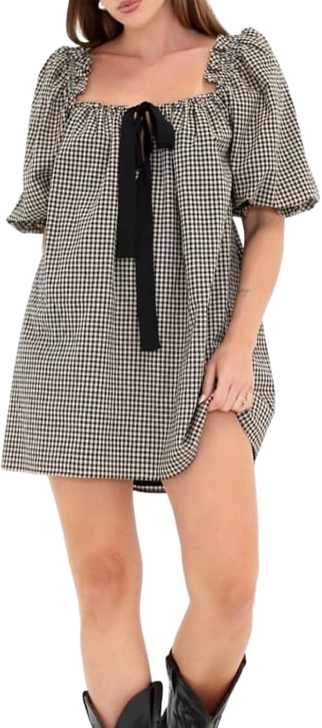 hibshaby Women's Babydoll Short Dress Puff Sleeve Cute Tie Mini Dress Floral Sundress - Image 4