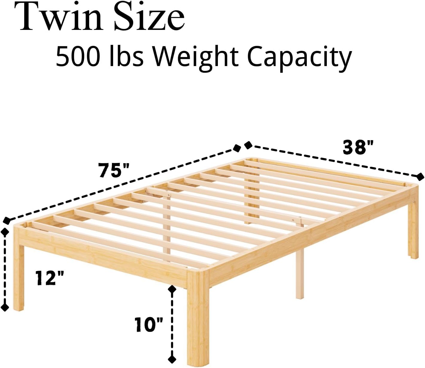 ZIYOO 12 Inch Twin Size Bamboo Platform Bed Frame, Modern Minimalist Design, Heavy Duty Support, Easy Assembly, No Box Spring Needed, Natural Finish