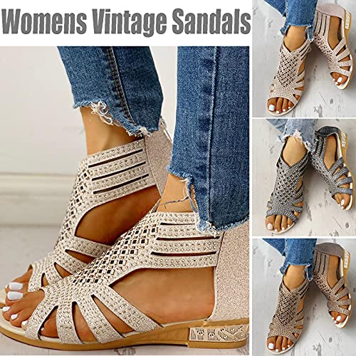 Masbird Strappy Sandals For Women, Sandals For Women Summer Bohemian Beach Sandals Casual Comfy Gladiator Sandals Retro Back Zip Flat Heel Clip-Toe Shoes Beige #TOP2