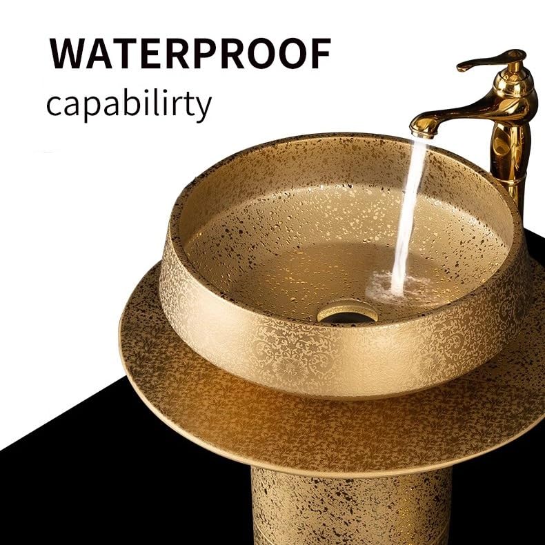 Lavabo de baño Fregadero de pedestal dorado de lujo, lavabo de columna de baño de 3 piezas, lavabo de tocador de baño de pie combinado con grifo, desagüe y espejo Lavabo de pedestal para baño(C)
