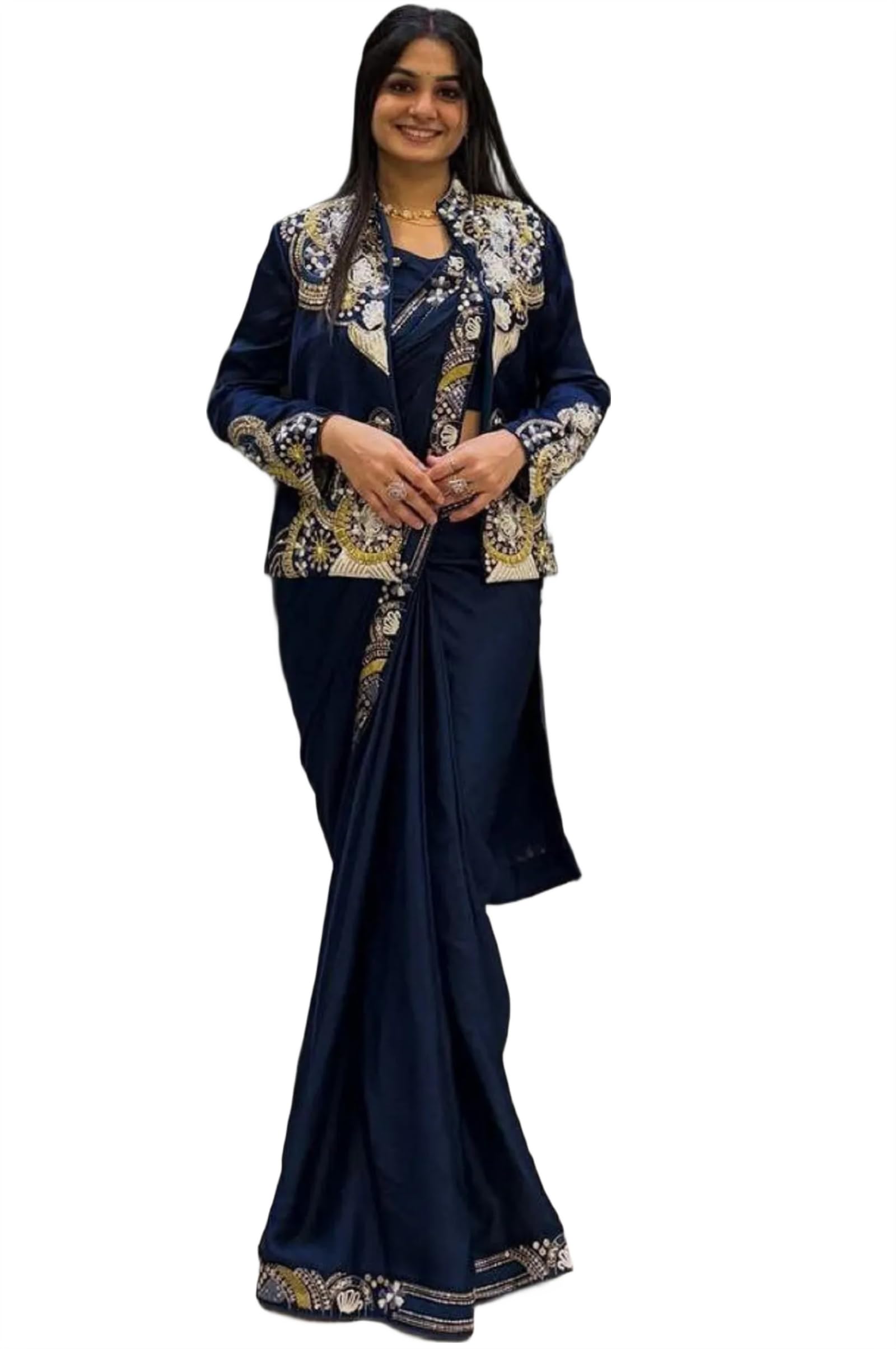 ready-to-wear Saree Embellished heavy crepe Silk with embroidery sequence cording work Saree with Full Stitched Koti Jacket (Navy Blue)-image-2