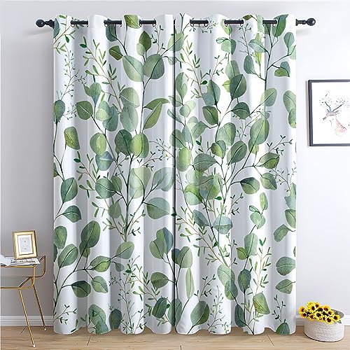 THYUNQ Rideau Occultant, Motif Feuille Verte - Rideaux Thermiques Imprimé pour Salon Chambre Fenetre, Lot de 2 Rideaux et Draperies Intérieurs à Oeillets,...