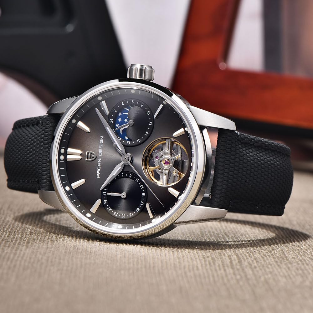 Pagani Design - Reloj automático de lujo para hombre, diseño de esqueleto Tourbillon, fase lunar, acero inoxidable, 100 m, correa de cuero, reloj mecánico para hombre
