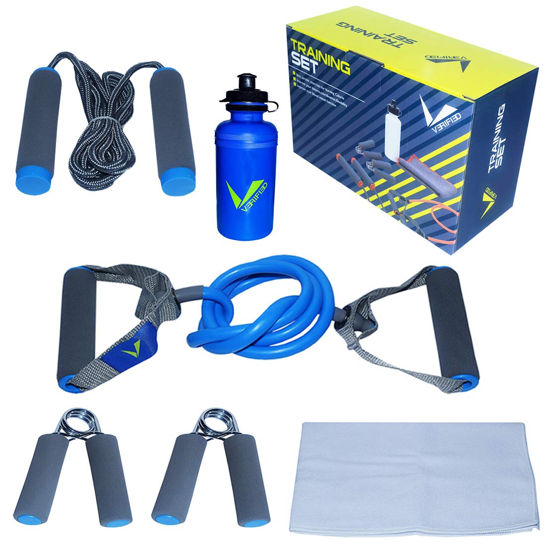 Verified Training Set | Gym Set | Gym Exercise Accessories Men Women | Daily Home Workout Set | Includes 1 Sipper, 1 Jump Rope with Erogonomic Anti Slip Foam Handles, 1 Resistance Tube, 2 Pc Hand Gripper with Soft Foam Handles , 1 Micro Fiber Towel ( (B07FT894RZ) Amazon Price History, Amazon Price Tracker