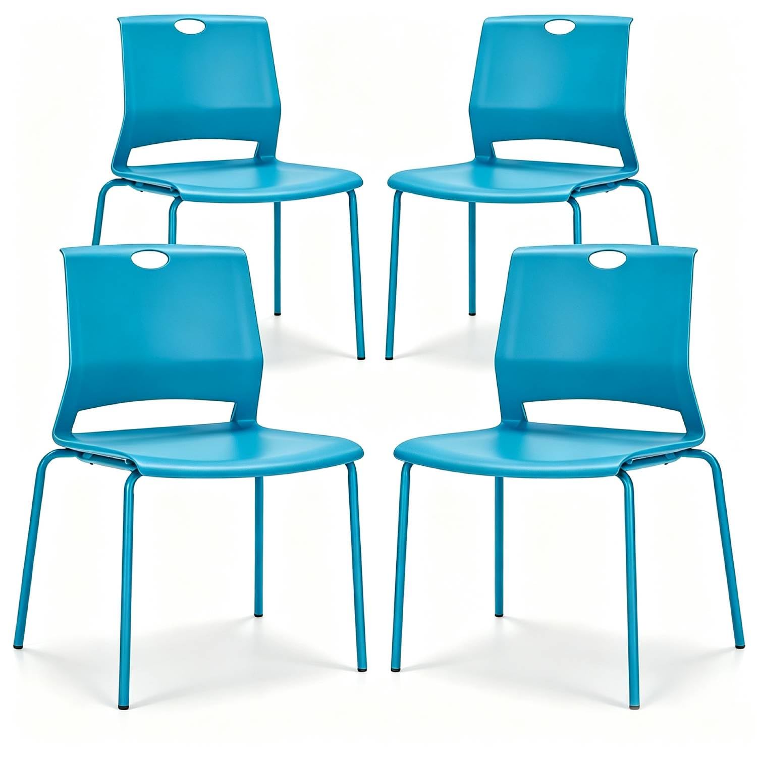 Blue Stackable Chairs Set of 4, Office Waiting Chair Plastic Seat