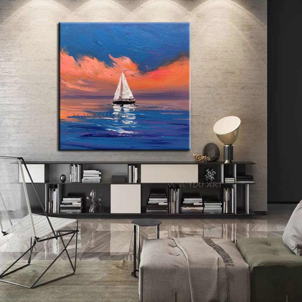 Art mural 3D contemporain voilier bleu, peinture à l'huile salon