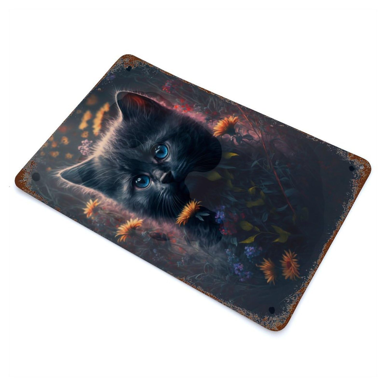 Kitten In Flowers Rust Effect Tin Sign 11.8"x7.9", Ideal for Cafe, Home Bar And Lounge Decor