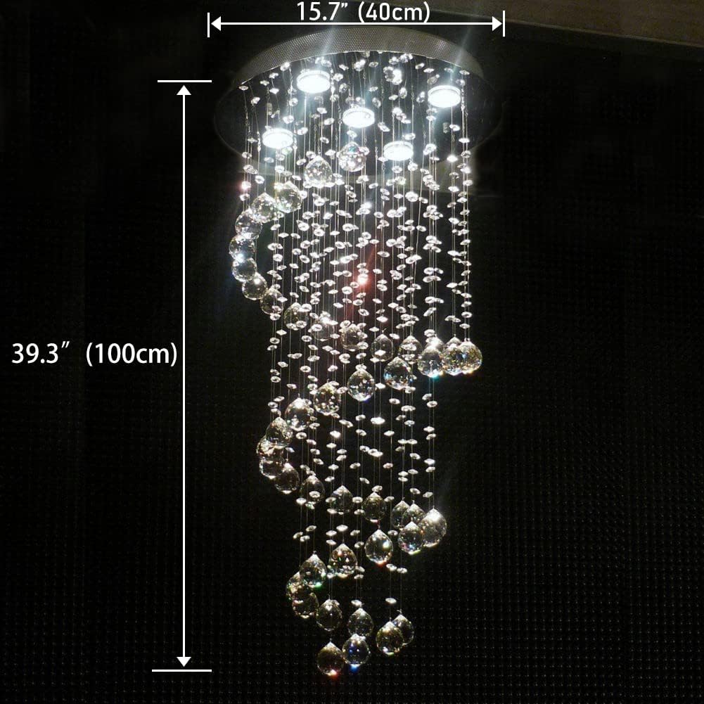 Modern Spiral Chandelier Raindrop Crystal Pendant Lights Fixtures Flush Mount Crystal Ceiling Light for Foyer Entry Stairway High Ceiling