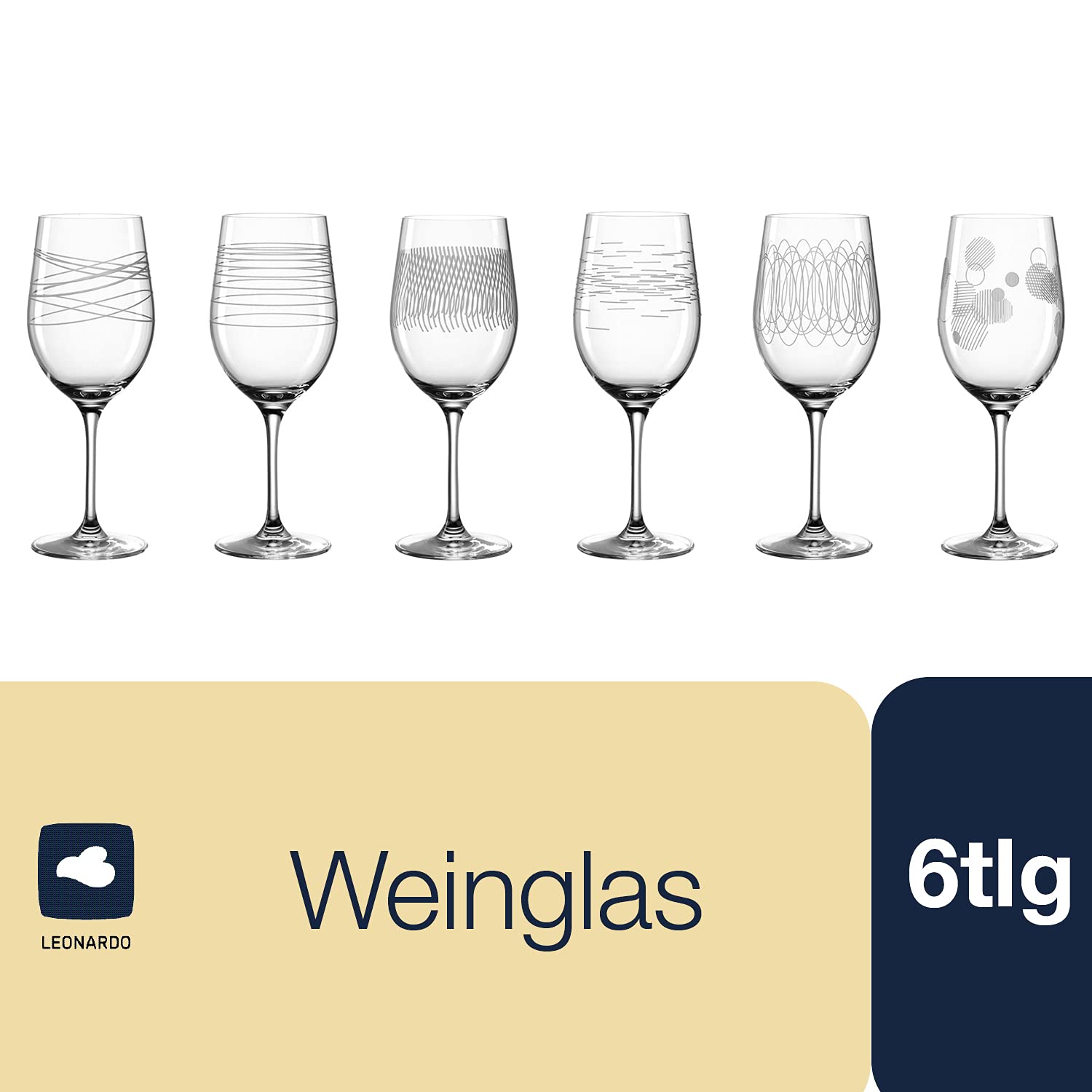 Leonardo Casella Wein-Gläser 6er Set, Kelchgläser mit Mustern, spülmaschinengeeignetes Wein-Glas, Rotwein-Gläser, Weißwein-Kelche, Höhe 22 cm, 430 ml, 061799 | ngeeignetes Wein-Glas, Rotwein-Gläser, Weißwein-Kelche 430 ml, 061799