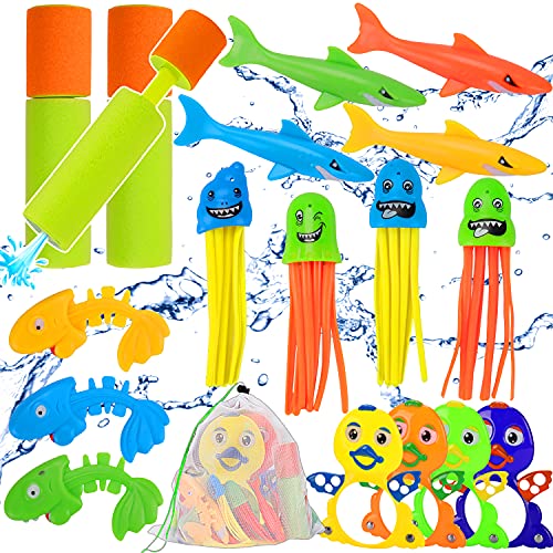 Diving Pool Toys for Kids Water Toys Toddlers Pool Toys for Kids 3-10 with Mesh Bag Outside Toys Age 4-8 8-12 Boys Girls 18pcs Swimming Games Toys (Dive Ring,Water Blaster,Shark Torpedo,Octopus,Fish)