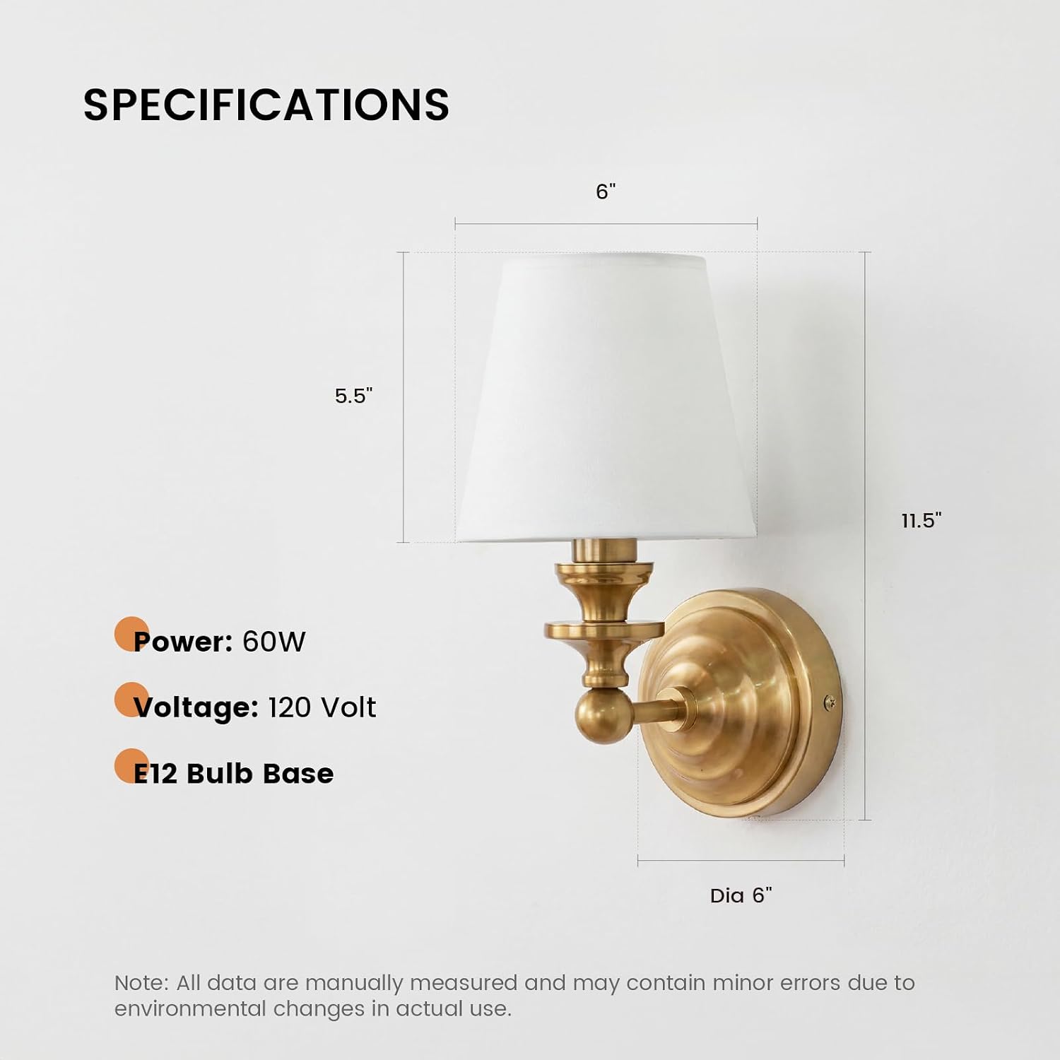Antique Linen Shade Wall Sconce- Brass Finish Base and Conical Fabric Shade Wall Light Fixture for Bathroom, Bedroom, Dining Room and Entryway(6.5" D x 11.5" H Brass)