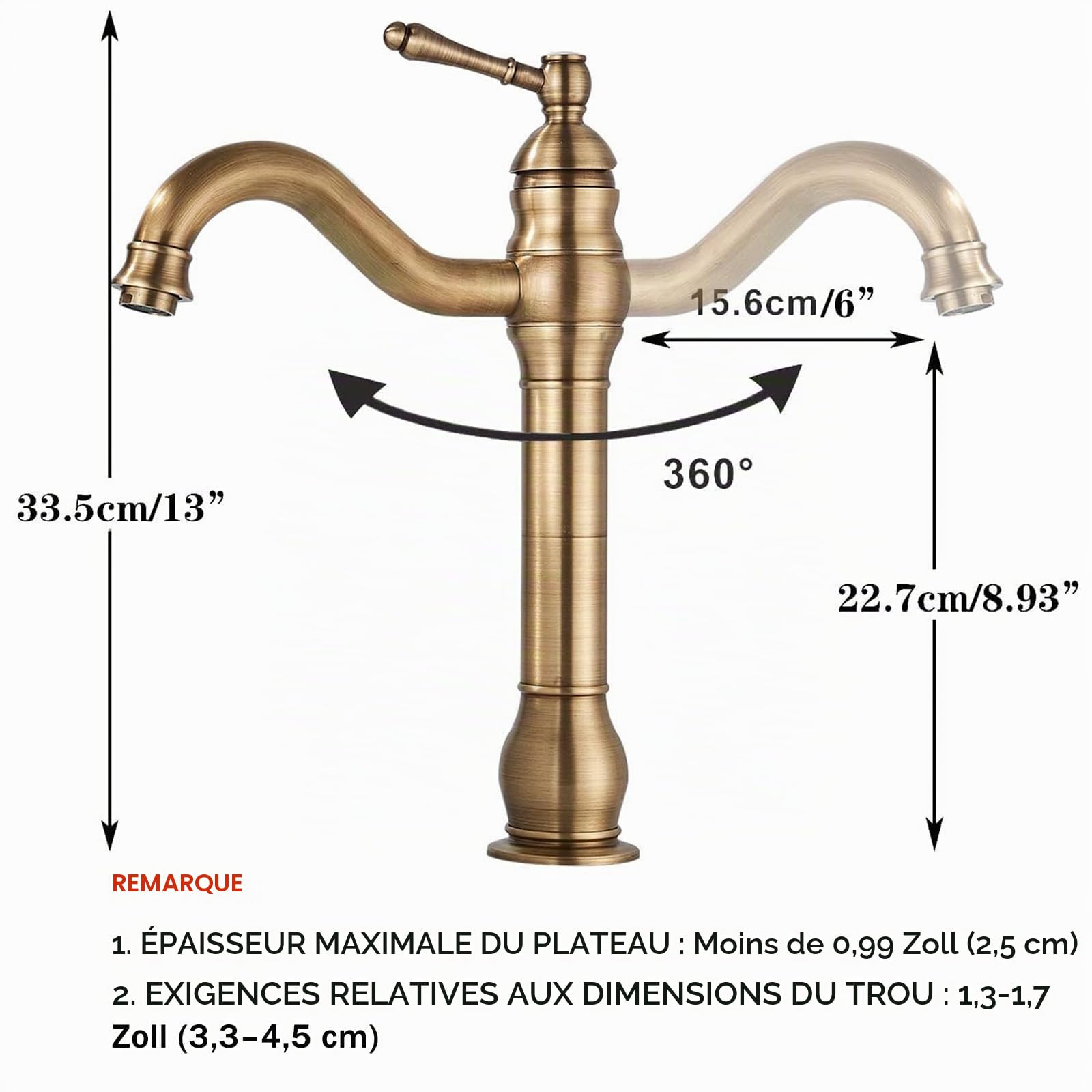 Rozin Robinet de lavabo à bec pivotant en laiton chromé poli pour eau chaude et froide
