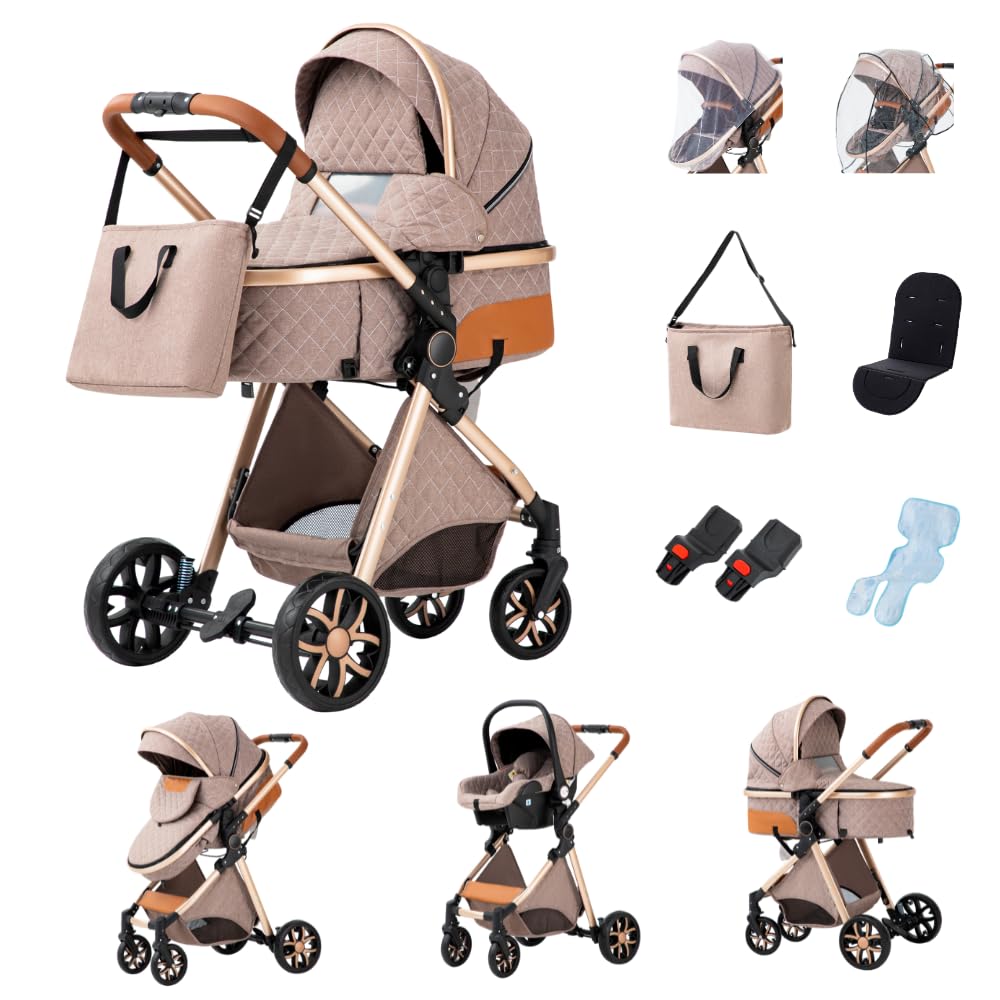 GLOKID passeggino trio 3 in 1, pieghevole, carrozzina reversibile fronte mamma e strada, sistema modulare con carrozzina per neonati, con borsa, zanzariera e parapioggia (PTV9 Kaki)