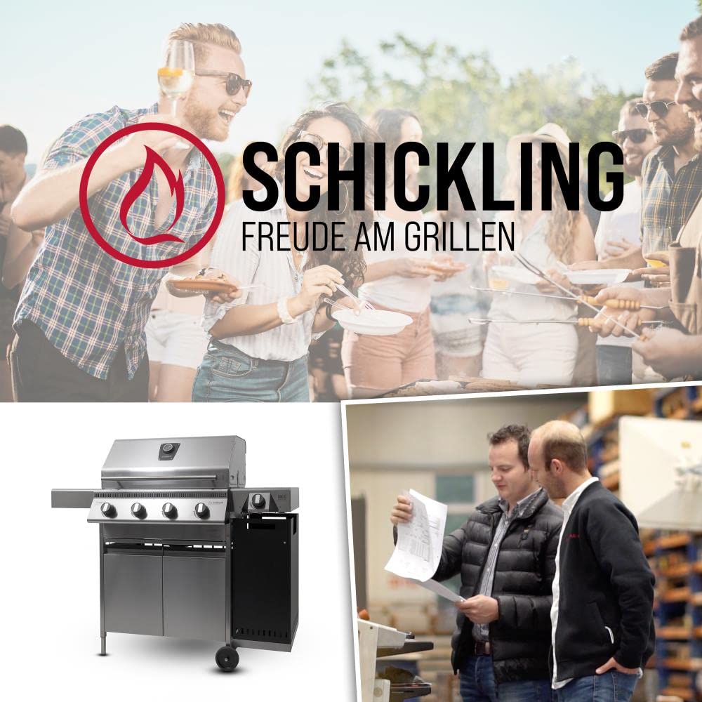 Schickling Gasgrill "Hermann XL - Deluxe" Edelstahlgrill Grillwagen mit Unterschrank, doppelwandigem Deckel, 4x 5kW Brenner, 800 Grad Seitenbrenner & 4-teiligen Grillrost - Made in Germany