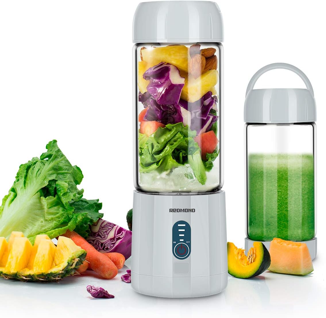 Portable Smoothie Blender, REDMOND USB Rechargeable Blender 4000mAh with 480ml Glass Travel Bottle, 6 Stainless Steel Blades, Battery Indicator for Shakes and Smoothies Outdoor (Cool Grey)