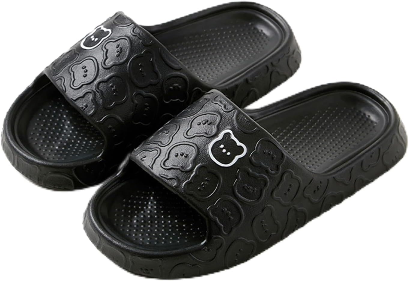 ASHALI Cute Bear Pattern Slide Slippers, Indoor Non-Slip EVA Sole, Bathroom House Shoes for Men & Women, White