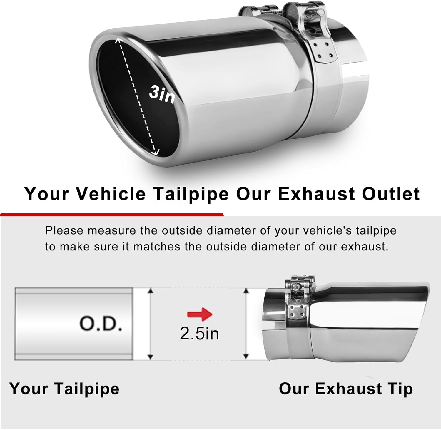2.5 inch Inlet Exhaust Tip, 2.5" Inlet 3" Outlet 6" Overall Length Stainless Steel Exhaust Tail Pipe, Slant Sleek Angle Cut Exhaust Tailpipe, Clamp-On