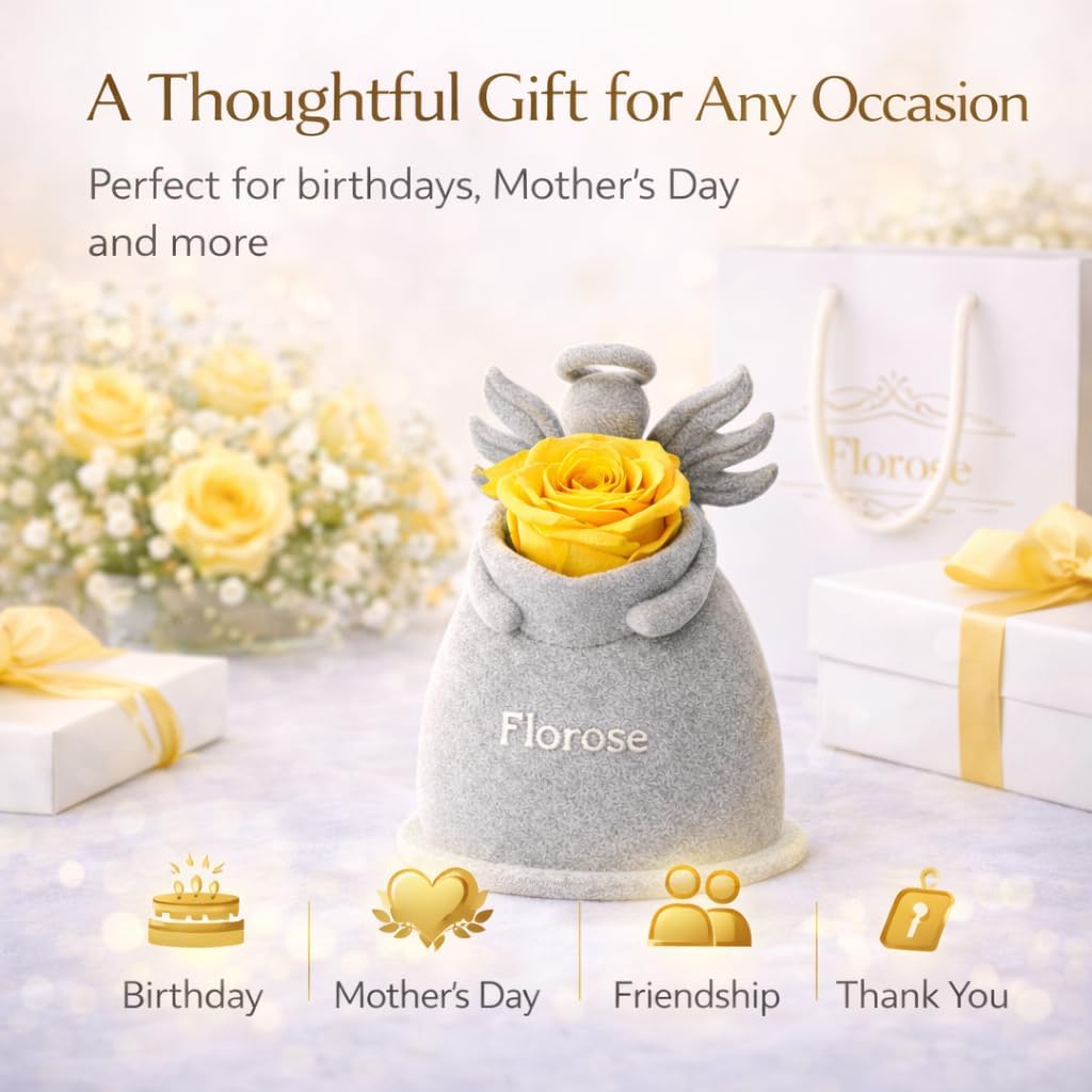 Yellow Angel Preserved Rose Gifts for Women, Forever Rose Angel Figurine, Birthday Gifts for Friends Mom Sister, for Her