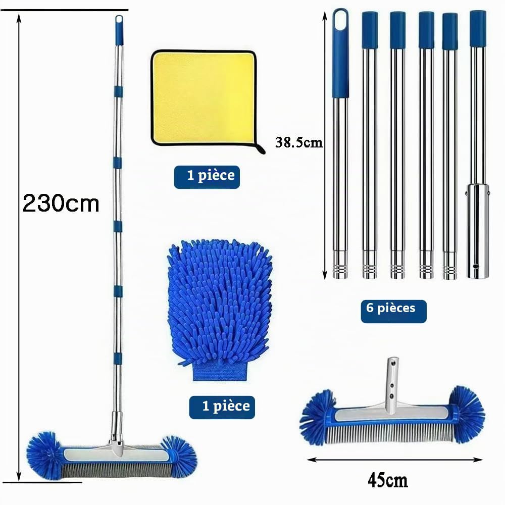 Balai de Piscine avec Tige en Acier Inoxydable réglable en Longueur 230 cm, Balai Piscine Brosse 45 cm，avec Perche Amovible avec Tige en Acier Inoxydable réglable en Longueur