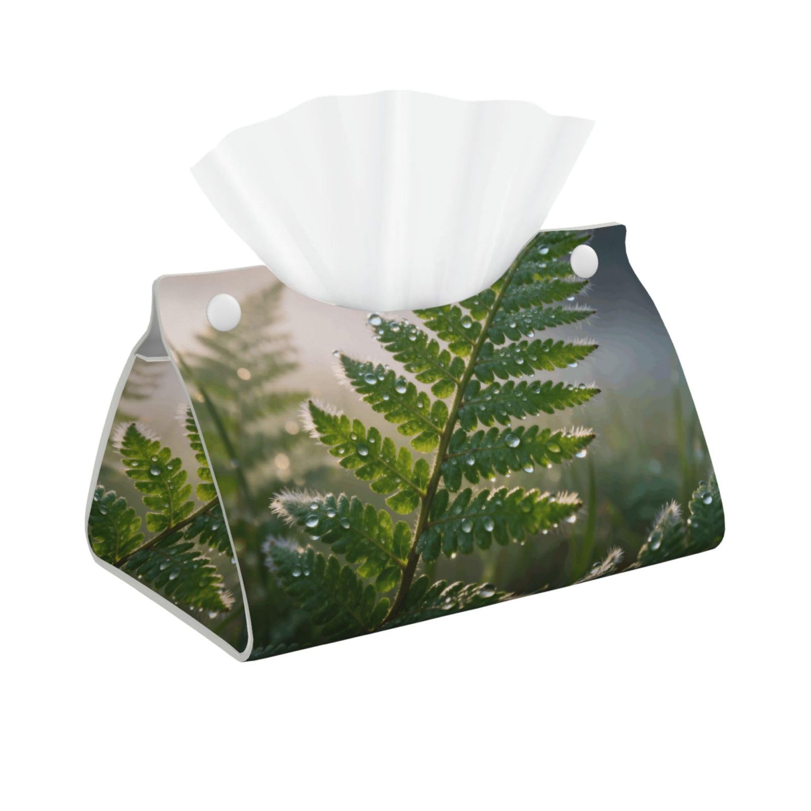 Fern Leaf Dew Long Leather Tissue Box Cover-Waterproof PU Leather Tissue Holder for Bathroom, Decorative Rectangular Tissue Case