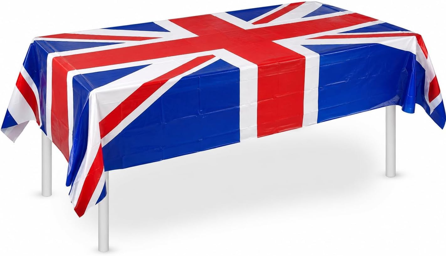 ZOPPER Union Jack Paper Plates 23cm Paper Party Bowls & Cup, Napkins, Table Cover, UK Flag Tableware Party Supplies for King Charles Coronation Decorations (137cm x 180cm Plastic Table cover)