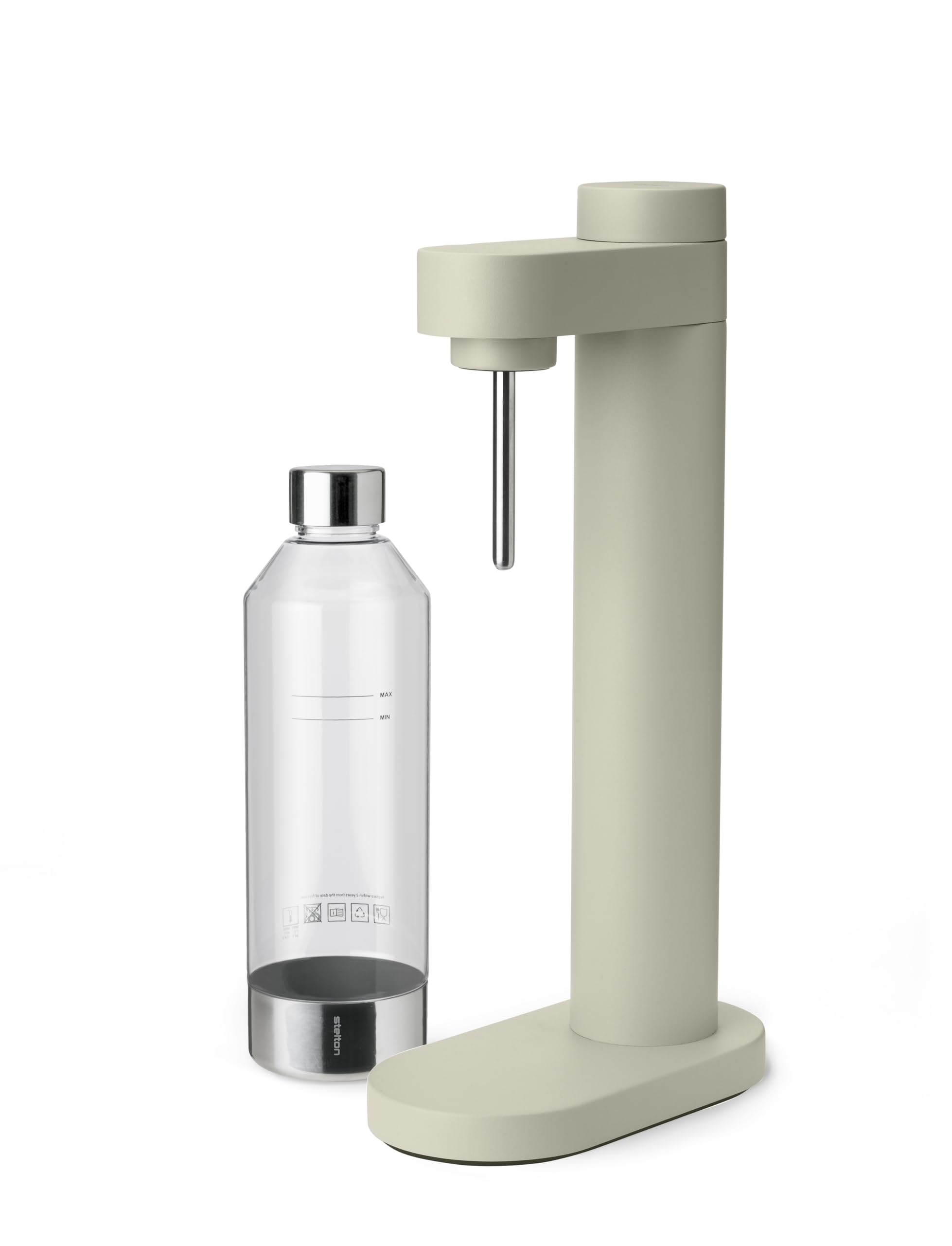 Stelton Brus Sparkling Water Maker with bottle – Premium CO₂ carbonator for water, adjustable fizz level, Scandinavian design, Soft Sand