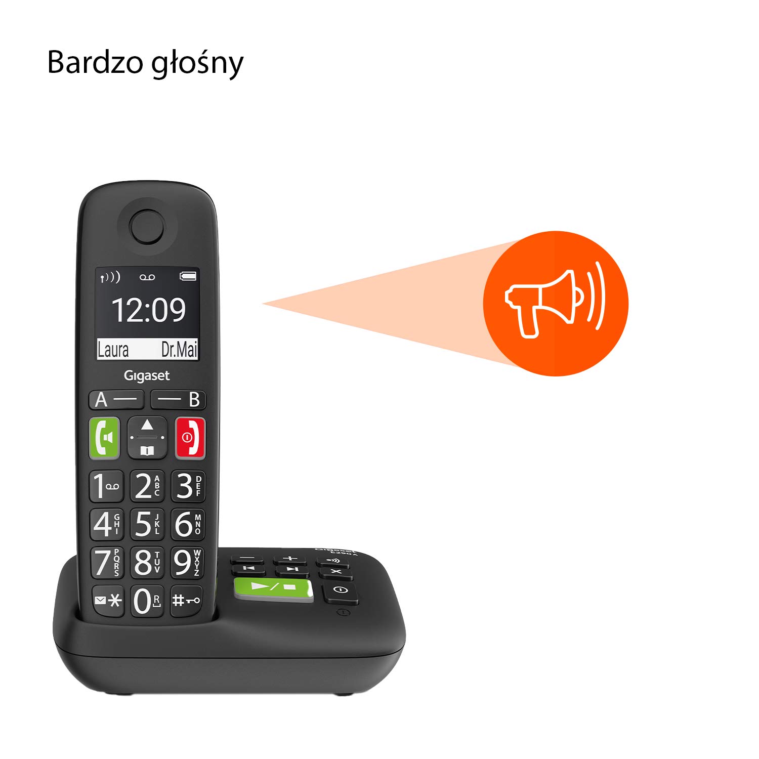 Gigaset E290A - Telefono per anziani senza fili con segreteria telefonica con tasti grandi - Display grande, tasti di scelta rapida Numeri importanti, amplificatore di volume