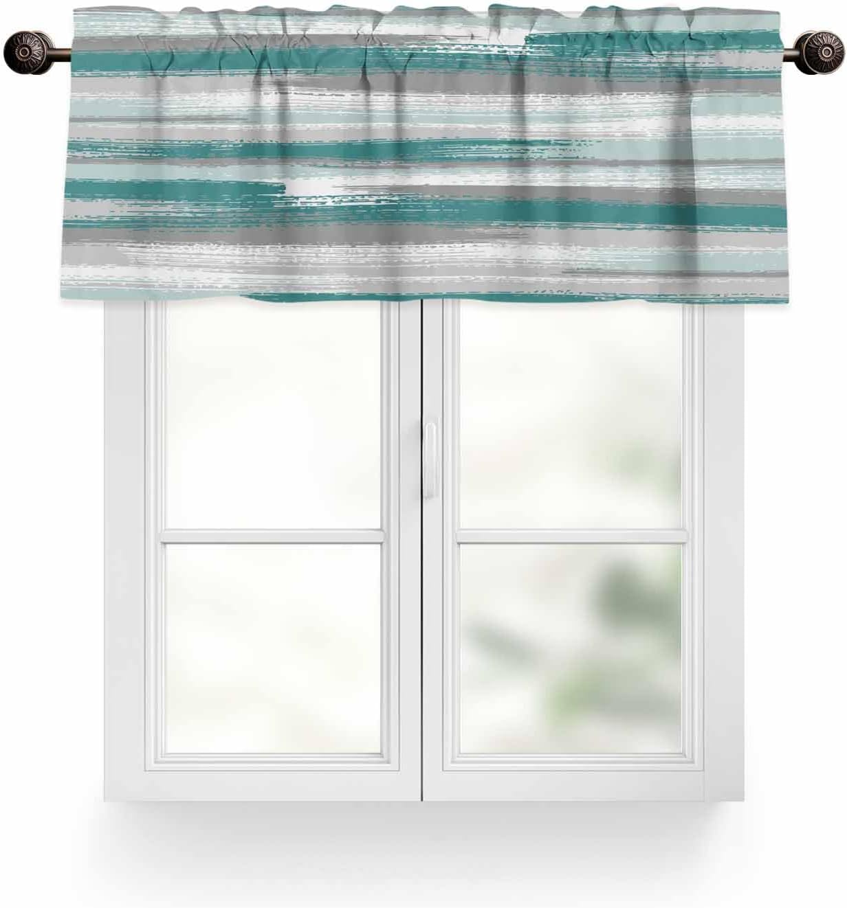 Abstract Art Curtain Valance for Windows/Living Room/Kitchen/Bathroom/Farmhouse, Contemporary Tainted Teal Grey White Painting Short Rod Pocket Tier Curtain Window Treatment, 1 Panel 42x12