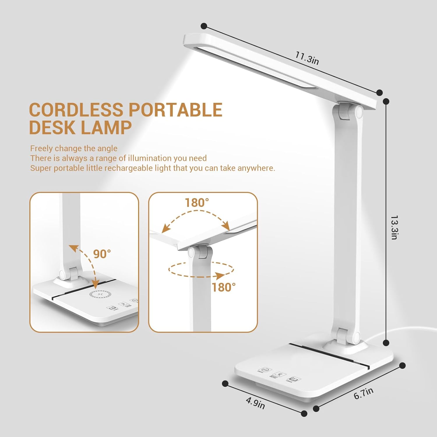 Cordless LED Desk Lamp for Home Office, 6000mAh Rechargeable Battery Operated Table Lamps,Eye-Caring Reading Lamp for Students, 3 Lighting Modes & Brightness Dimmer Light for Kids Study