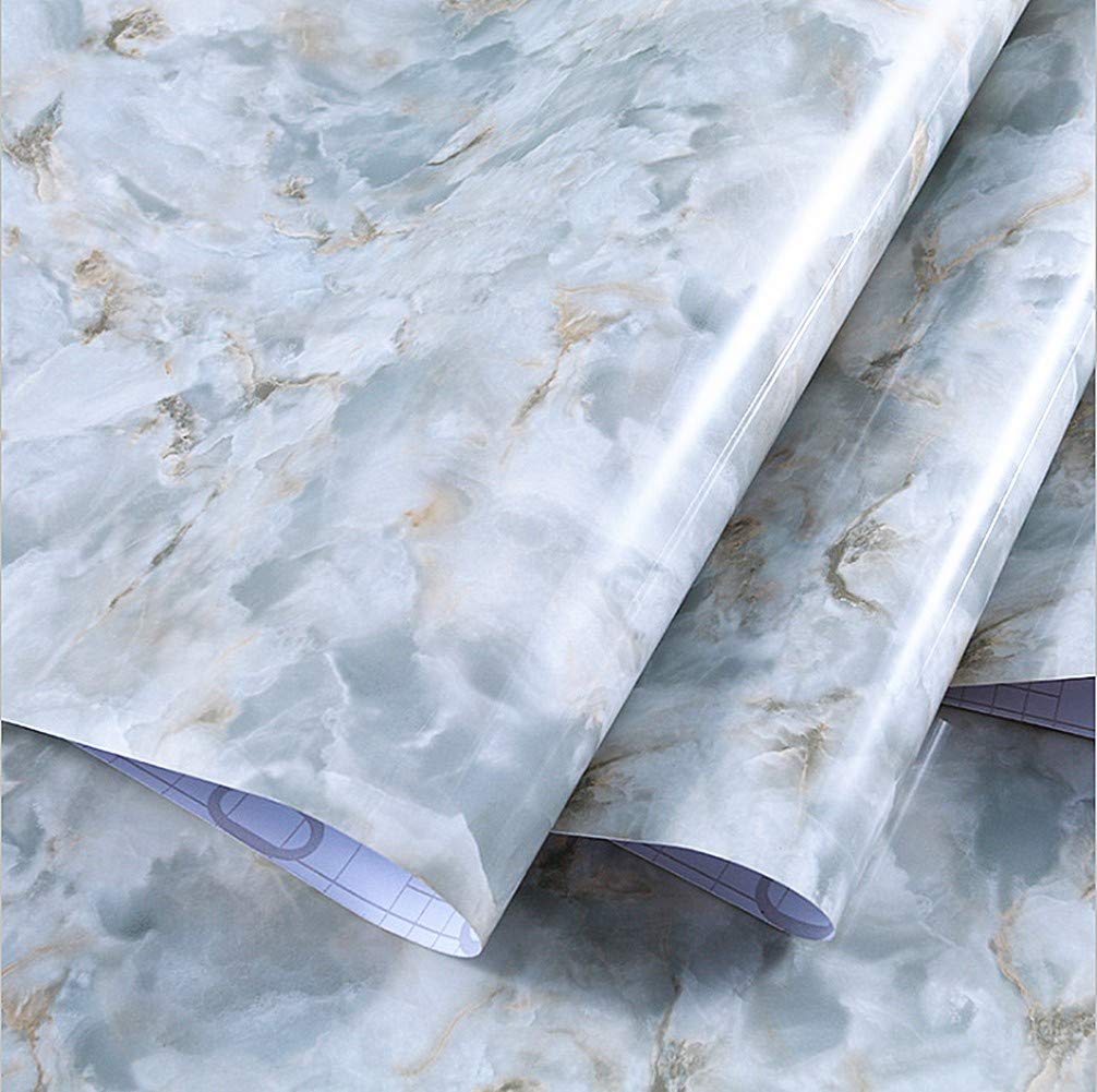 Papier peint granit bleu clair de cuisine amovible : camouflez le vieux carrelage