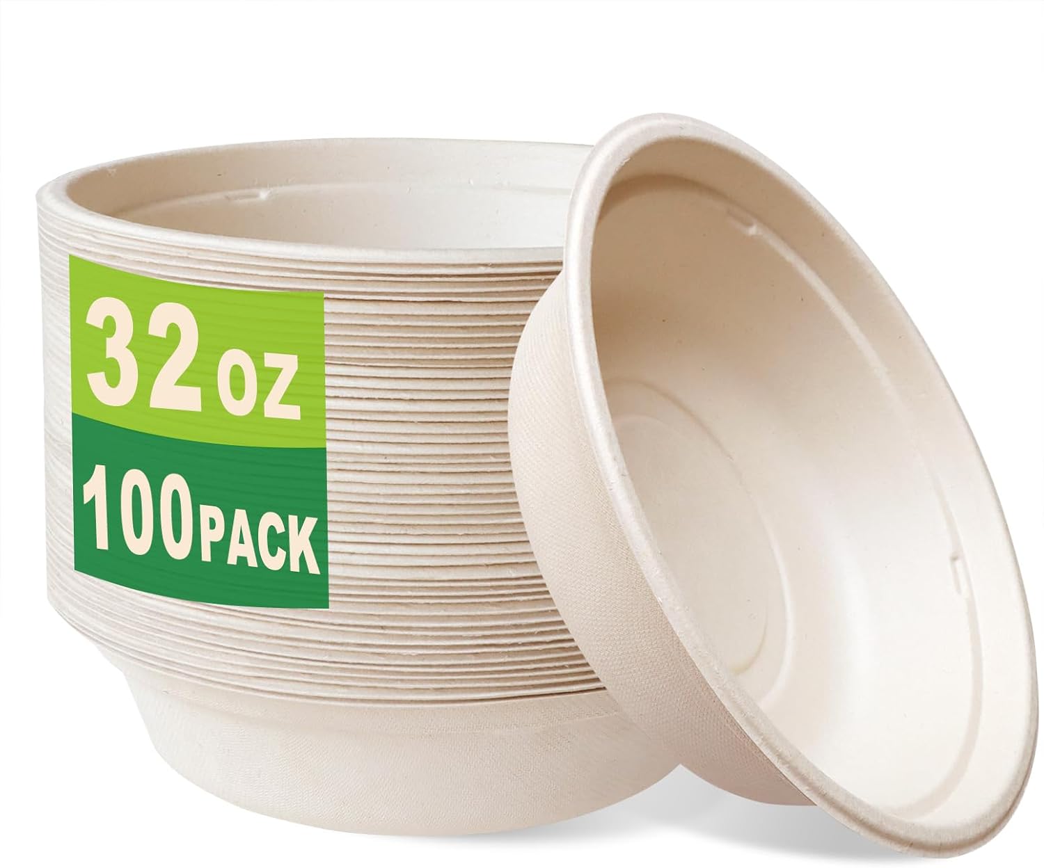 GreenWorks 100 Count 32 OZ Compostable Bowls, Natural Biodegradable Bagasse and Bamboo fiber Paper Bowls