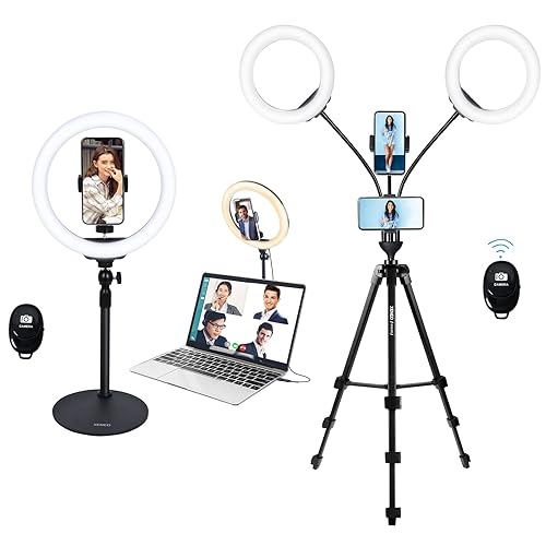Xeneo Computer Ring Light for Video Conference Desktop Ring Light and 8 inch Dual Light Ring with Phone Hoders and Tripod for Video Recording, Live Streaming