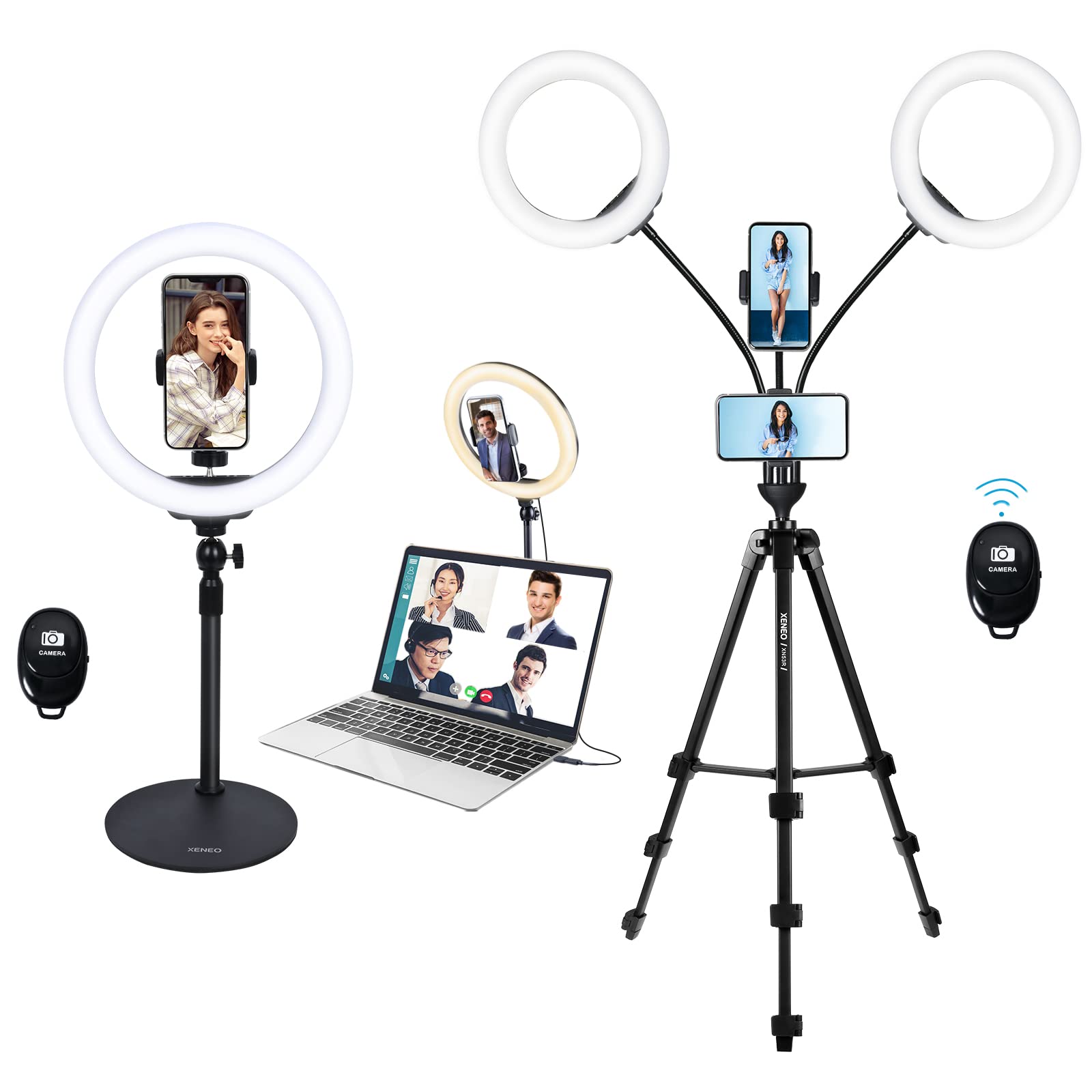Xeneo Computer Ring Light for Video Conference Desktop Ring Light and 8 inch Dual Light Ring with Phone Hoders and Tripod for Video Recording, Live Streaming