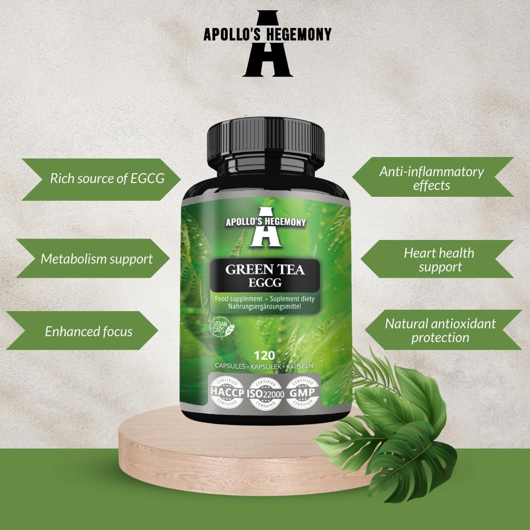 Estratto di tè verde 500 mg, contiene il 50% di EGCG e il 98% di polifenoli, 120 capsule vegane, 4 mesi di fornitura, bruciagrassi naturale, supporto antiossidante - da Apollo's Hegemony