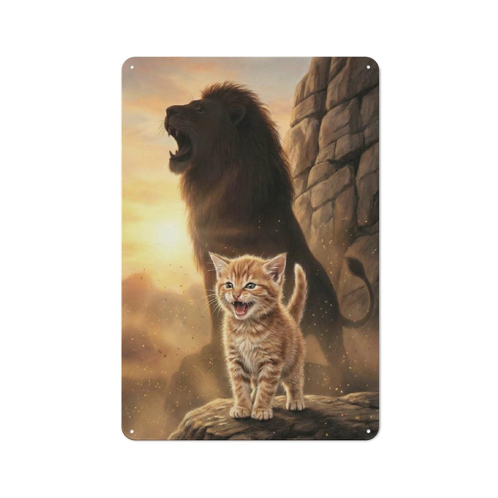 Junmoney Style-20 For Living Room Wall, Kitten And Lion Roaring Together Rustic Metal Wall Sign 30X20cm, For Vintage Wall Decor Fans, For Garage And Workshop Walls