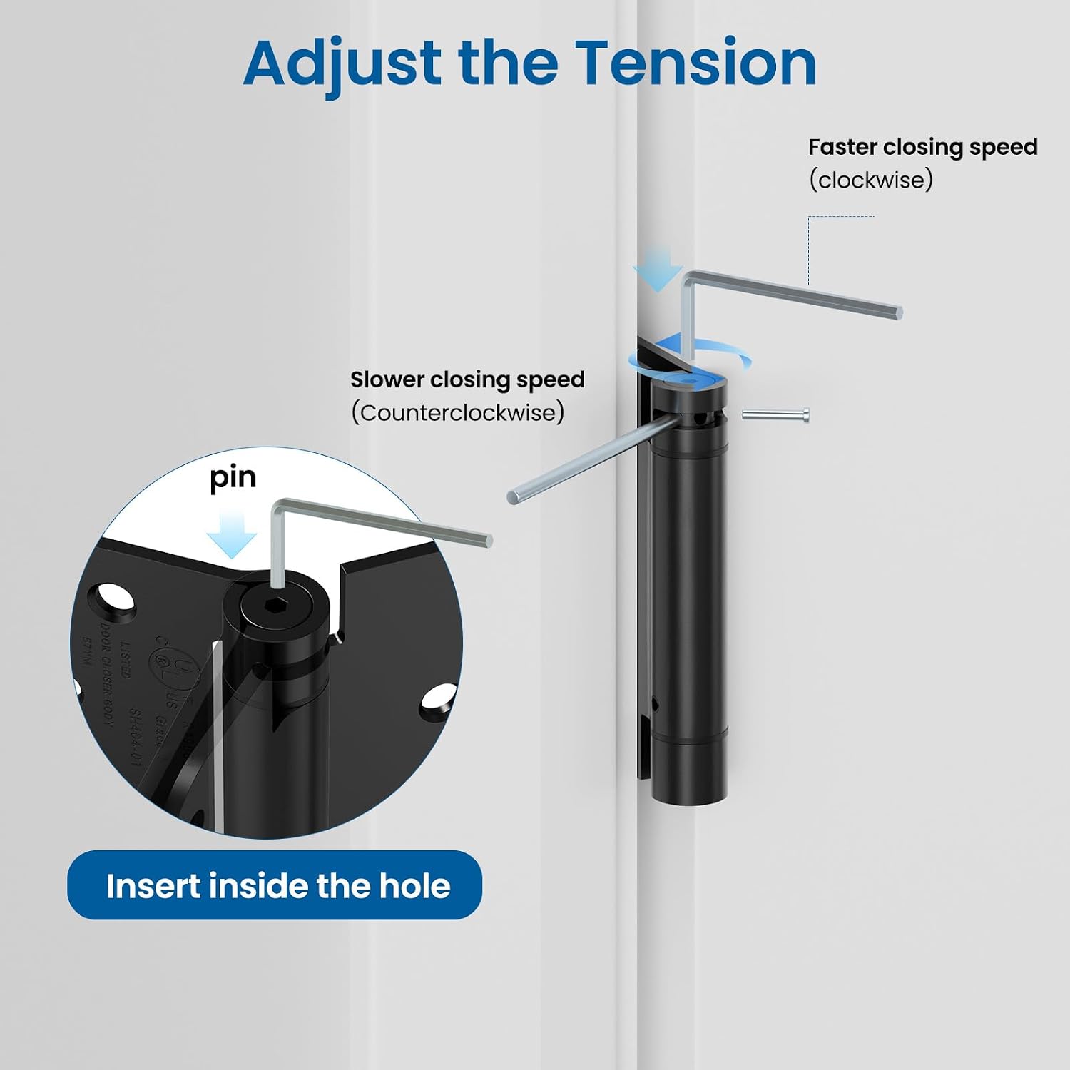 HOSOM 3 Pack Self Closing Door Hinges Matte Black 4 Inch Spring Loaded Hinges with Square & 5/8'' Radius Corners, Adjustable Tension for Garage, Front Door, UL Listed, for Left and Right Hand Door