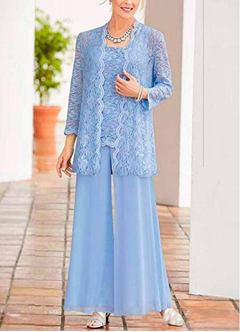 Ensemble 3 pièces en dentelle avec pantalon et veste longue pour femme - Bleu - 48
