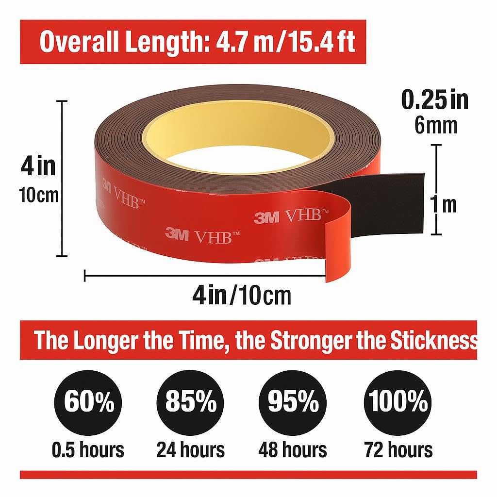 DPAL Heavy Duty 0.25 in x 15.4 ft Double Sided Tape VHB 5952, Waterproof Foam Mounting Tape, 15.4 Feet - Ideal for Car, LED Strip Lights, Home & Office Use