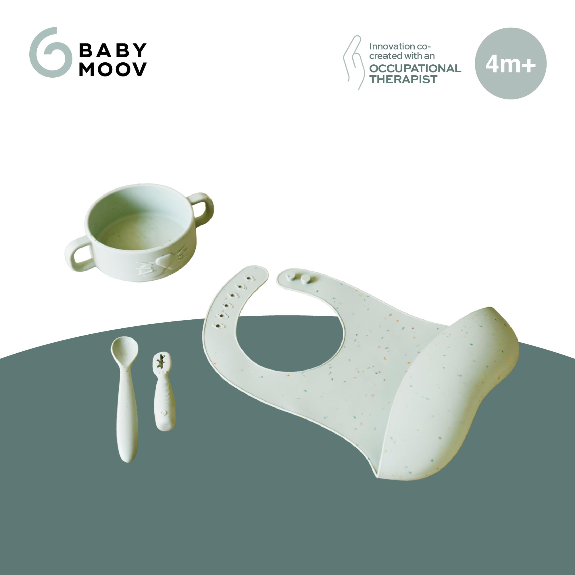 Babymoov Baby Weaning Set Mini Arty, 4 Pcs Silicone Feeding Set, Baby Bowl, 2X Baby Spoons, Weaning Bib, from 4 Months - Image 3