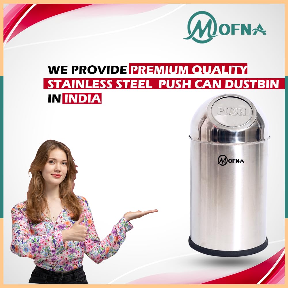 mofna Stainless Steel Push Can Dustbin Trash Can Paper Bin Round Shape use for Home, Office, Kitchen, Bathroom (8x16 Inch, 10 Liter, Silver) 3