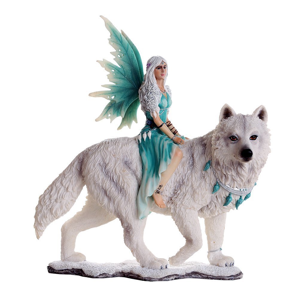 Statue fée Aneira et loup blanc sculpture de collection aux détails peints main