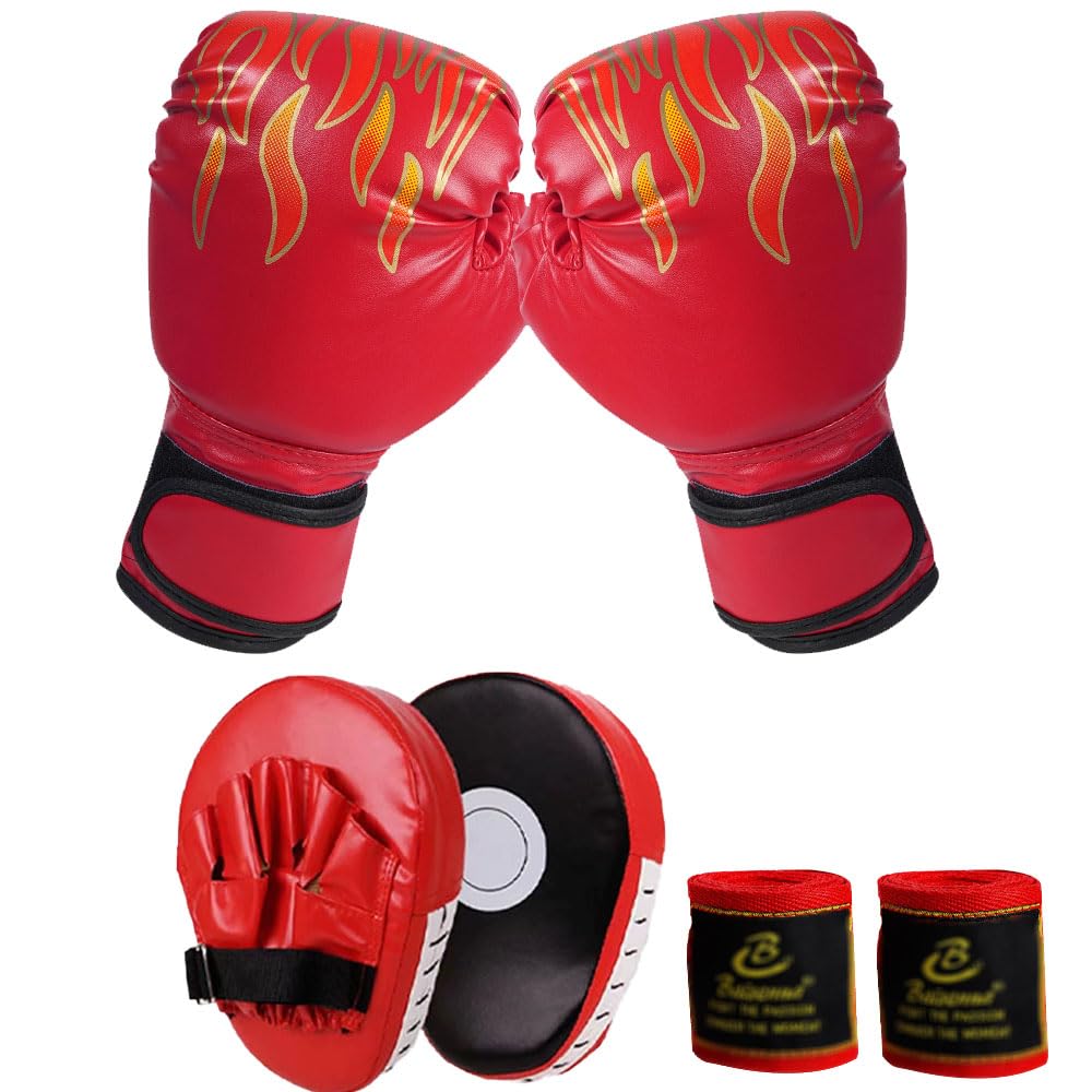 Kinder Boxhandschuhe und Box Pratzen Set für 3-10 Jahre,Kids Boxing Gloves,Boxhandschuhe Kinder Set,3-in-1 Box Handschuhe Jungen,Punchinghandschuhe für Jungen und Mädchen (Rot)