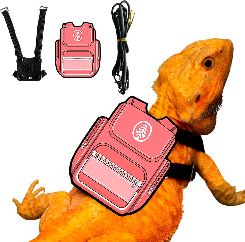 Bearded Dragon Harness Leash Soft Leather Harness with Backpack Patch Adjustable Strap Outside Walk Training Leash for Reptile Lizard Amphibians (Pink)