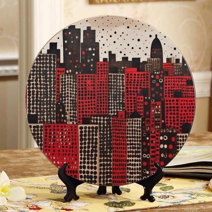 City Skyline 10-inch Ceramic Plate for Wall Display or Tabletop, with Stand & Hook DP-17063938