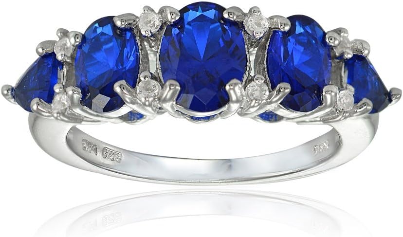 Ice Gems Sterling Silver Created Blue Sapphire and White Topaz 5-Stone Half Eternity Band Ring