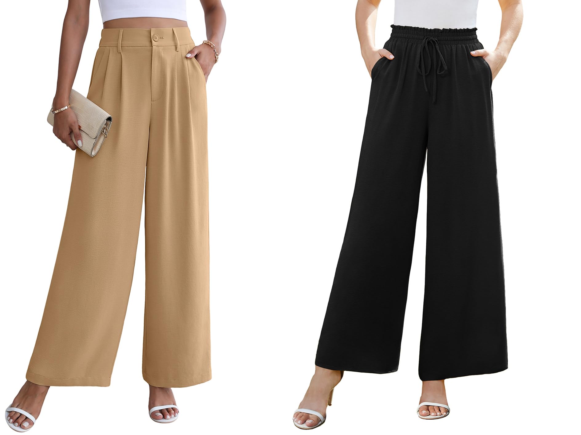 CZYINXIAN Womens Casual High Waisted Wide Leg Pants and Womens Flowy Adjustable Tie Knot Elastic Waist Pants Large