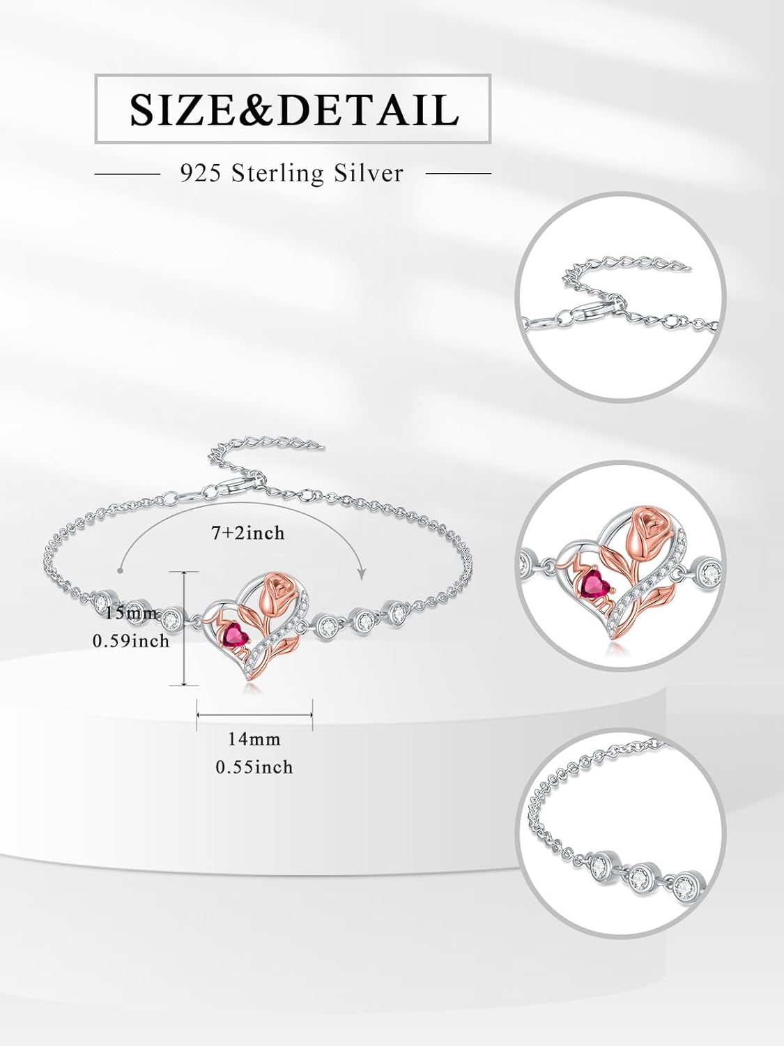 Mom Birthstone Charm Link Bracelet 925 Sterling Silver Rose Heart Mom Bracelet with 12 Months Birthstone Mother's Day Gift Jewelry Gifts for Women,Chain Length 7"+2" Extend - Image 6