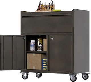 Vintage Color Metal Garage Cabinet with Wheels, Rolling Storage Cabinet with Lock, Garage Storage Cabinet for Tool Chest and Organizer, Assembly Required (One Drawer and Two Door)
