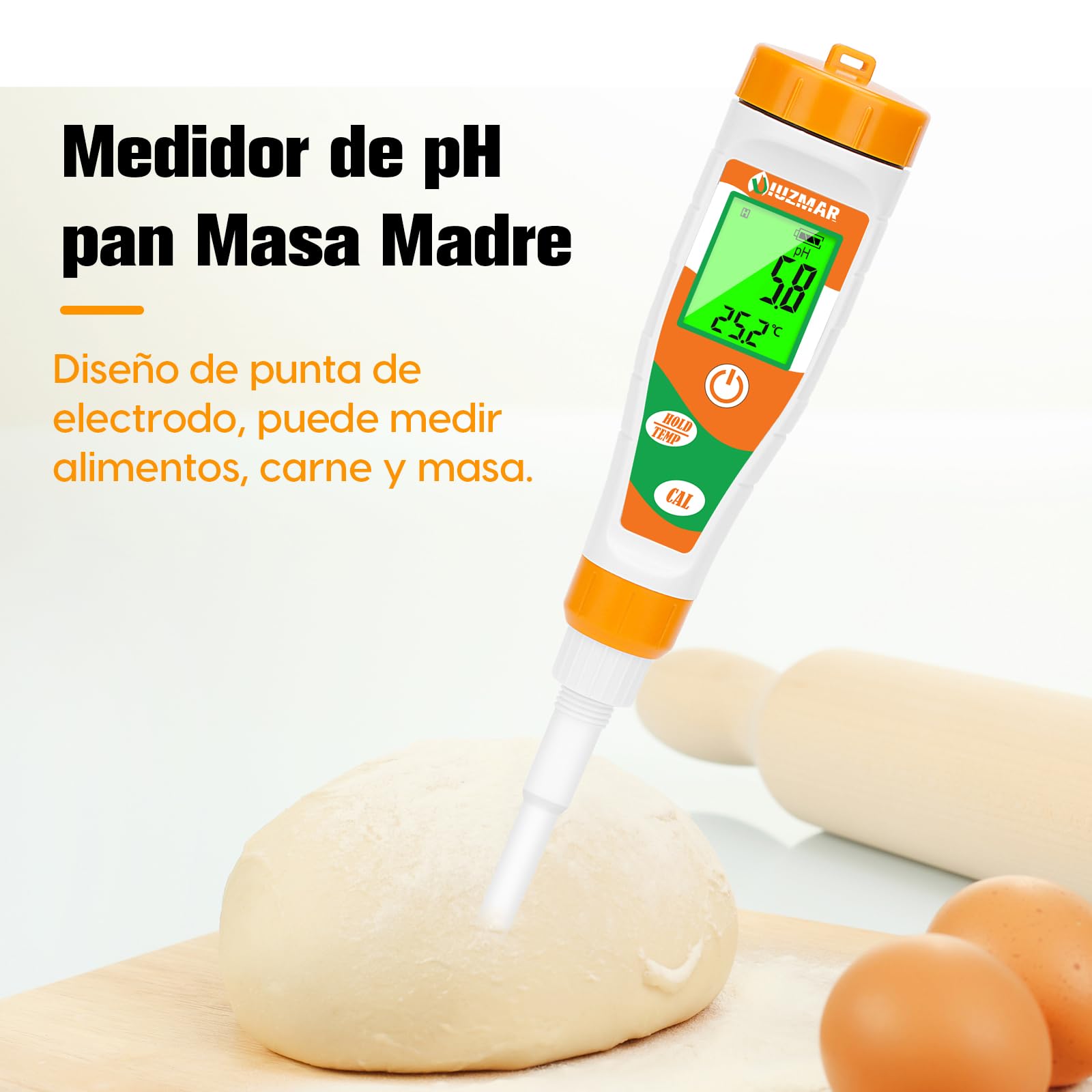 UIUZMAR Medidor de pH Alimentos, phmetro Semisolidos y Liquido, Medidor de pH para Fermentos, Pan, Masa Madre, Cosmetica, Queso, Arroz, Kombucha, Piscina, Acuario, Hidroponía, Agua Potable