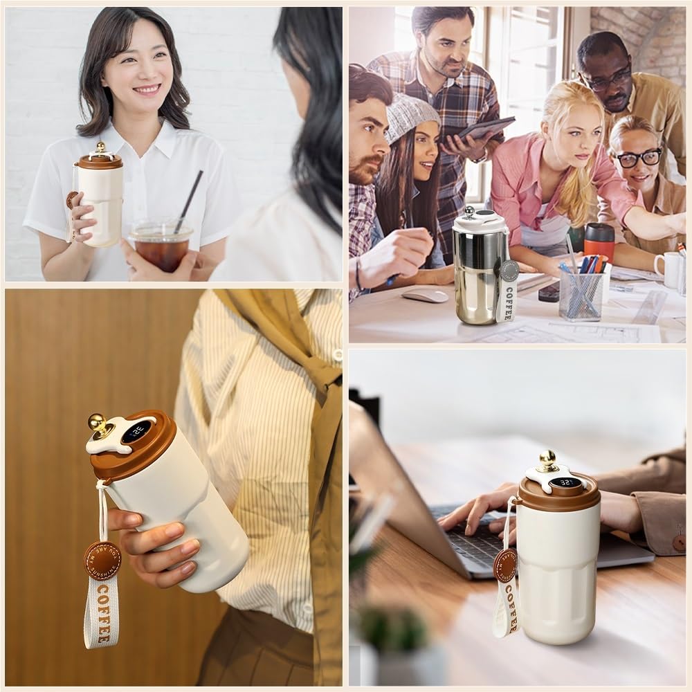 Taza de café con pantalla de temperatura de 420 ml, termo inteligente, taza de café de viaje de acero inoxidable 316, taza térmica a prueba de fugas (plata)